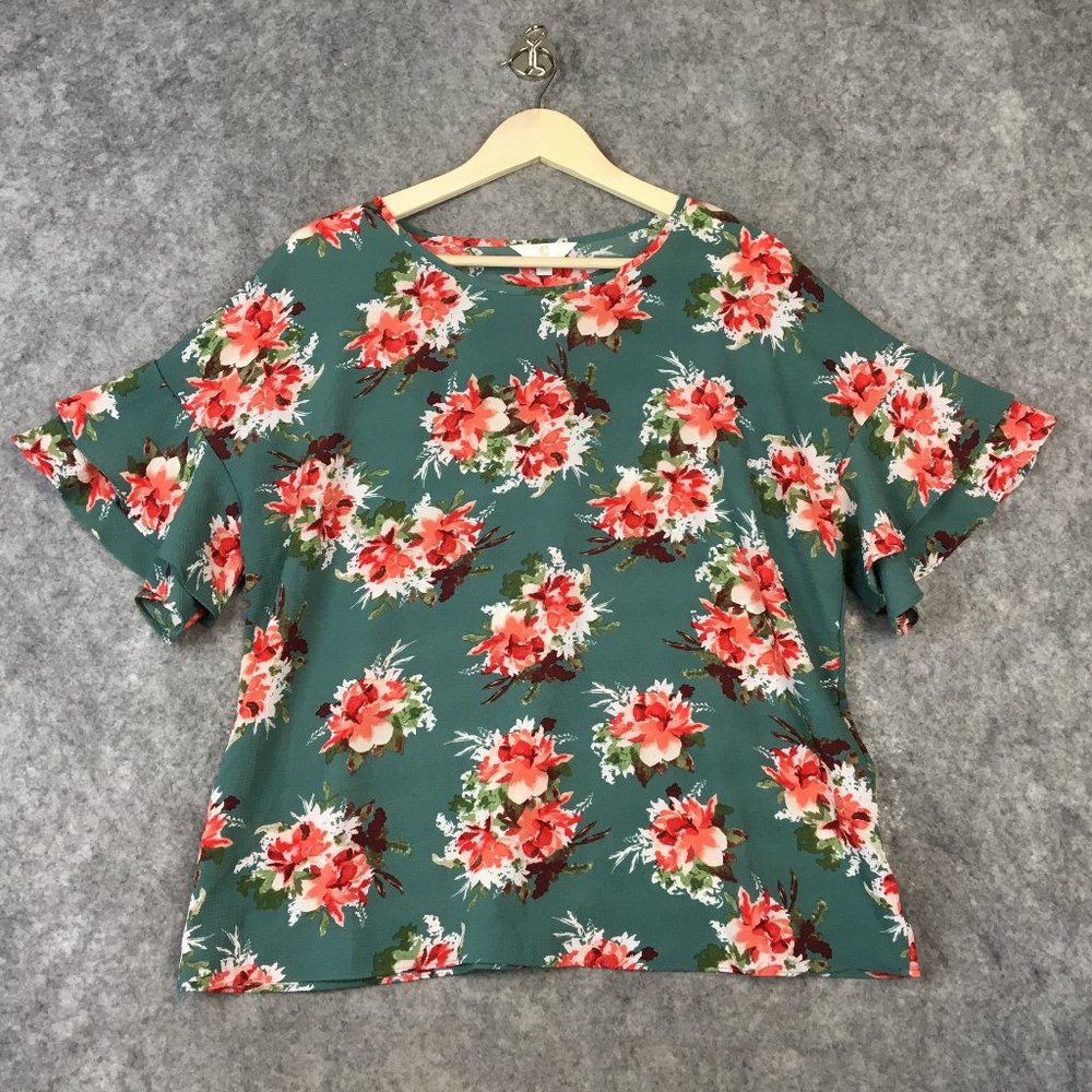 Charming Charlie Top L Blouse Crepe Tiered Ruffle Short Sleeve Career Casual